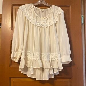 KATE SPADE Rambling Roses Lace Inset Silk Top Blouse Ivory Ruffle Renaissance